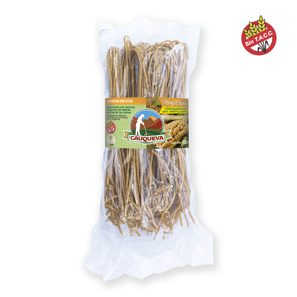 Fideos de Maíz Capia saborizados con Apio, Cebolla y Puerro x 300 g. Cauqueva