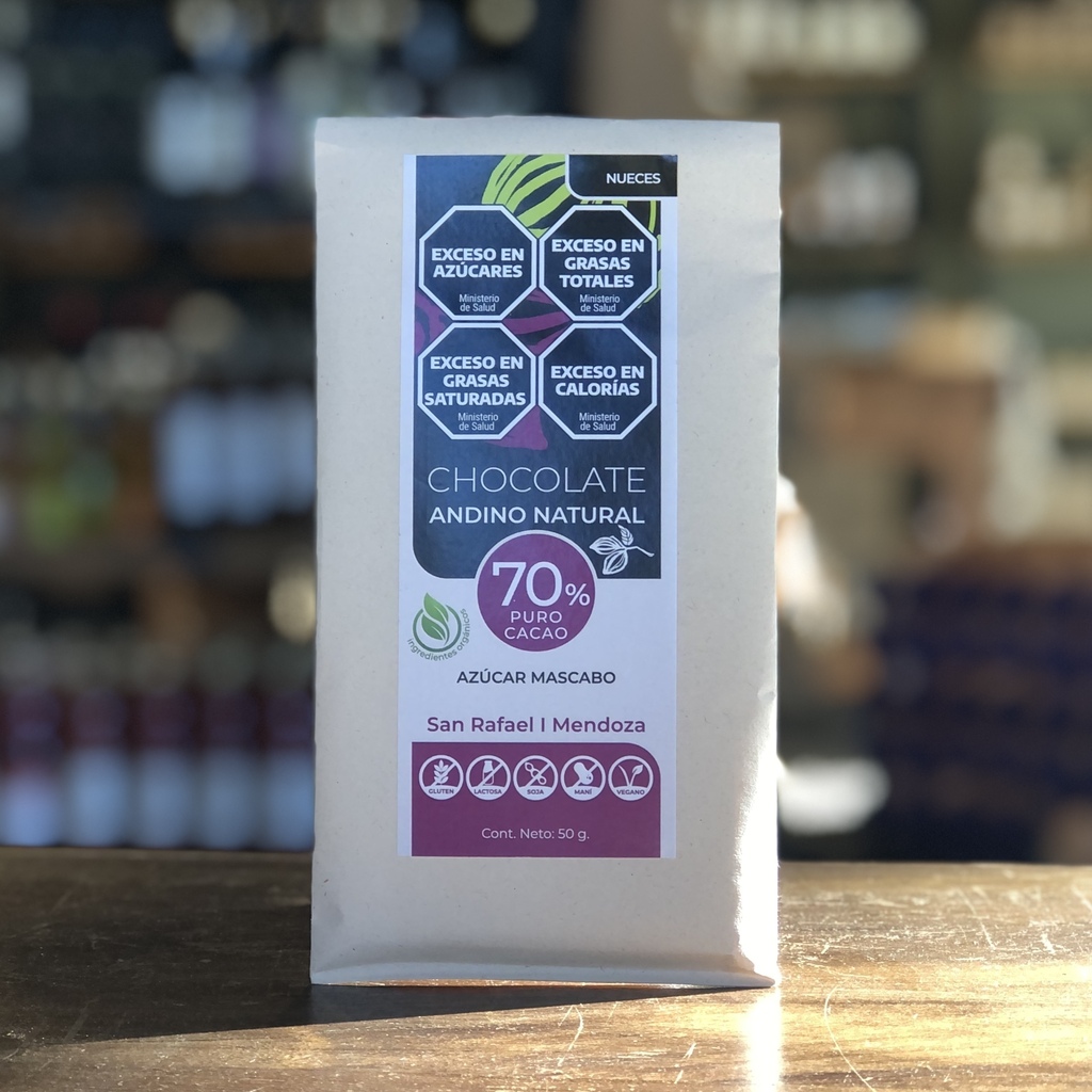 Chocolate 70% con azúcar Mascabo y Nueces 50g. - Andino Natural